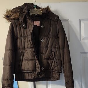 Pink Envelope Brown Puffer Jacket with Faux Fur Hood